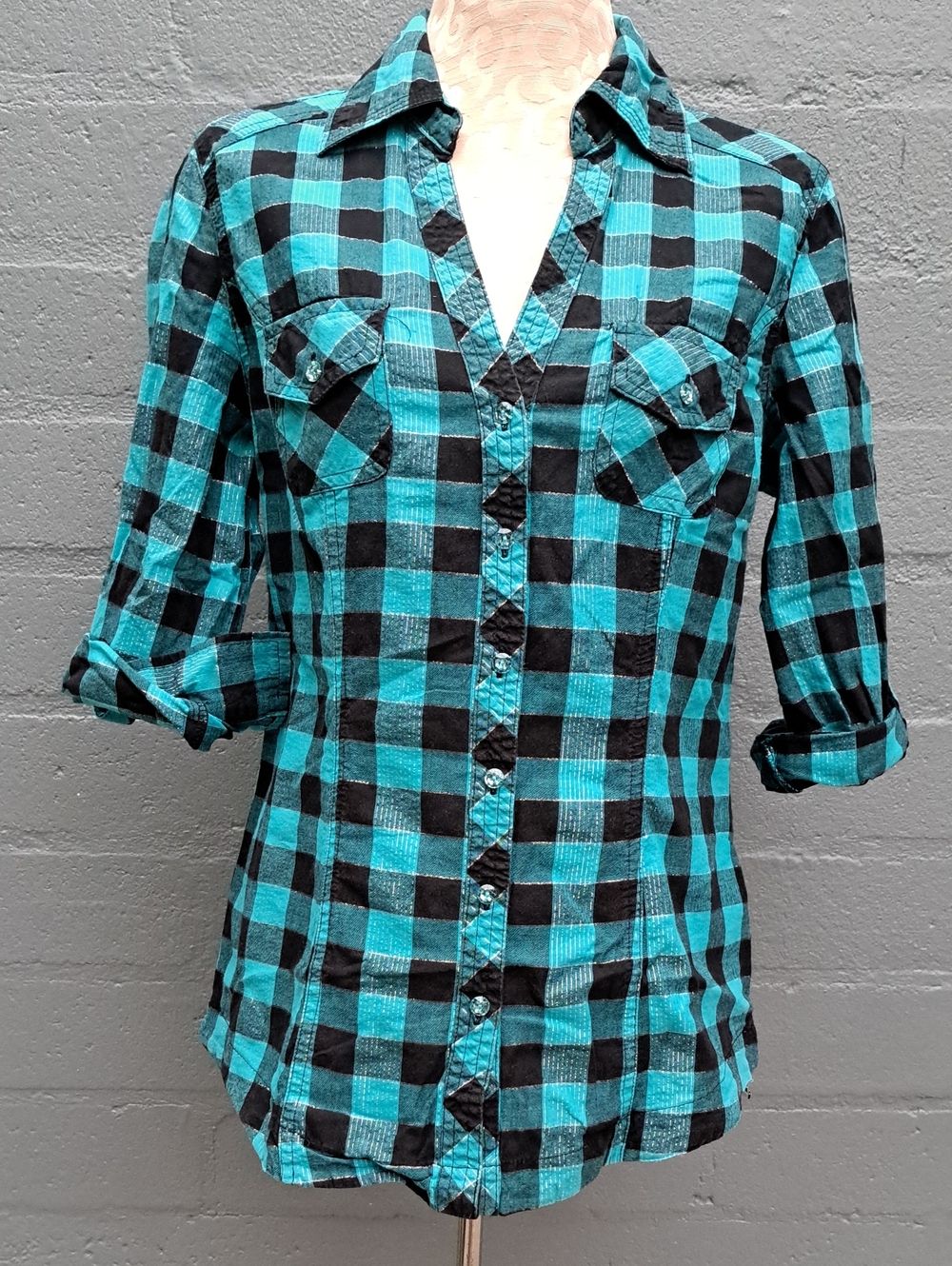 Cato Teal and Black Plaid Roll-Tab Button Shirt